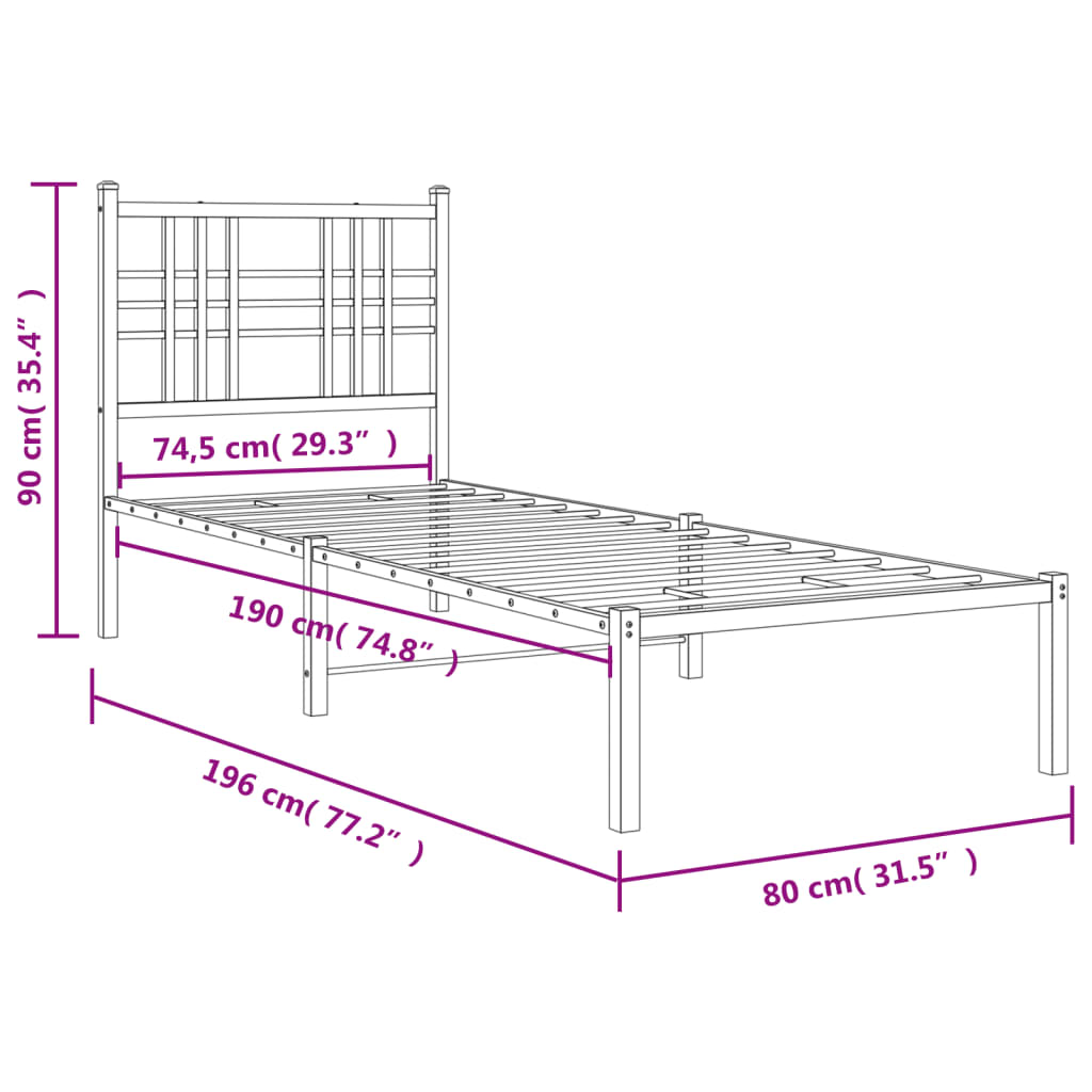 Cadre de lit métal sans matelas avec tête de lit blanc 75x190cm