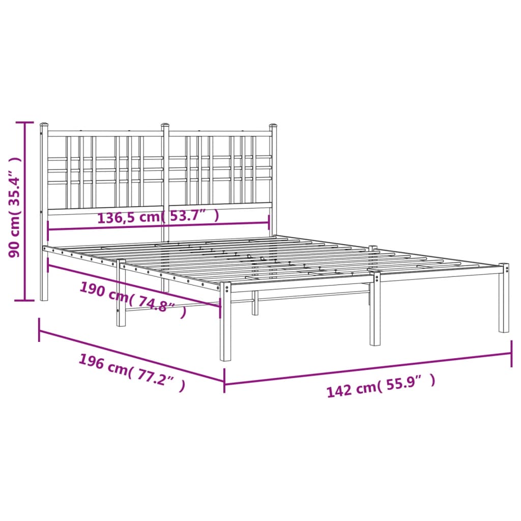 Metal bed frame without mattress and white headboard 135x190 cm