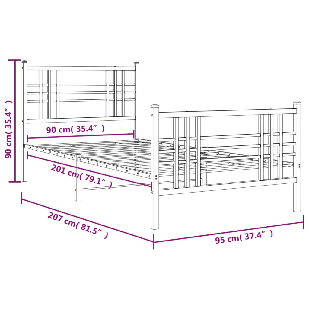 Cadre de lit métal sans matelas avec pied de lit blanc 90x200cm