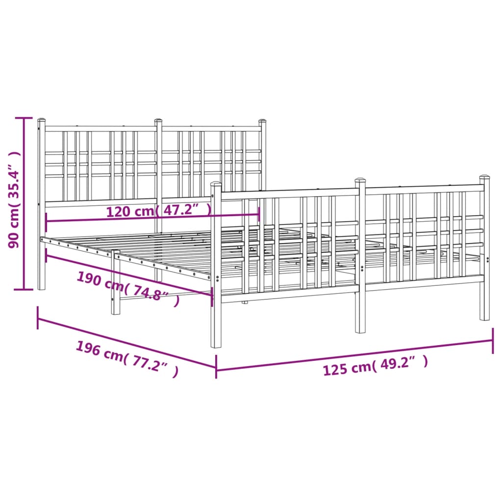 Cadre de lit métal sans matelas et pied de lit blanc 120x190 cm