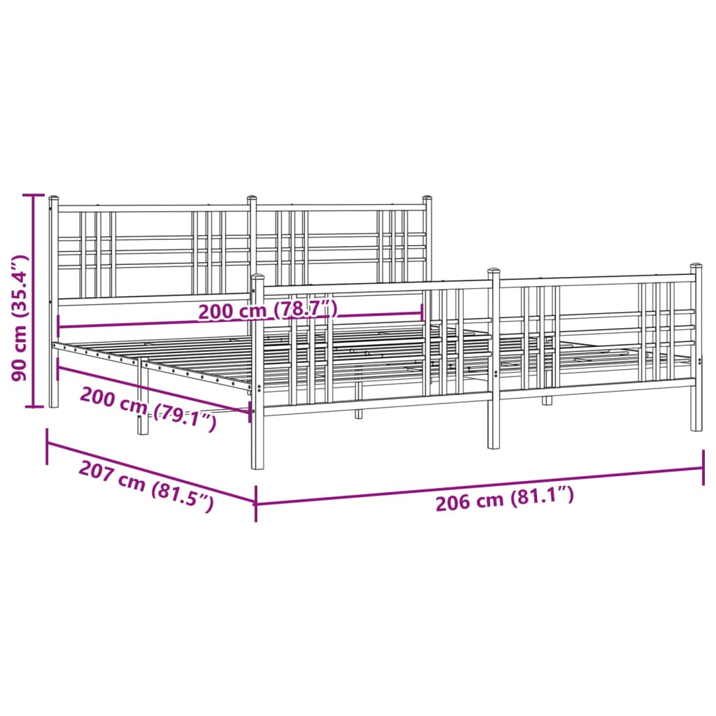 Cadre de lit métal sans matelas et pied de lit blanc 200x200 cm