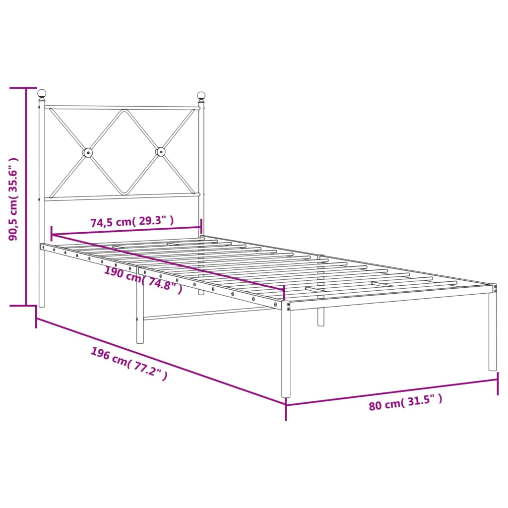 Cadre de lit métal sans matelas avec tête de lit noir 75x190 cm