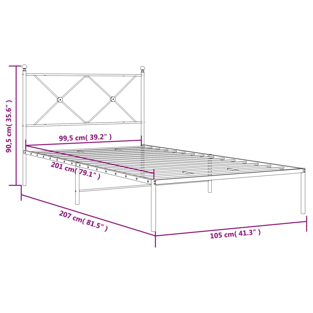 Cadre de lit métal sans matelas avec tête de lit noir 100x200cm