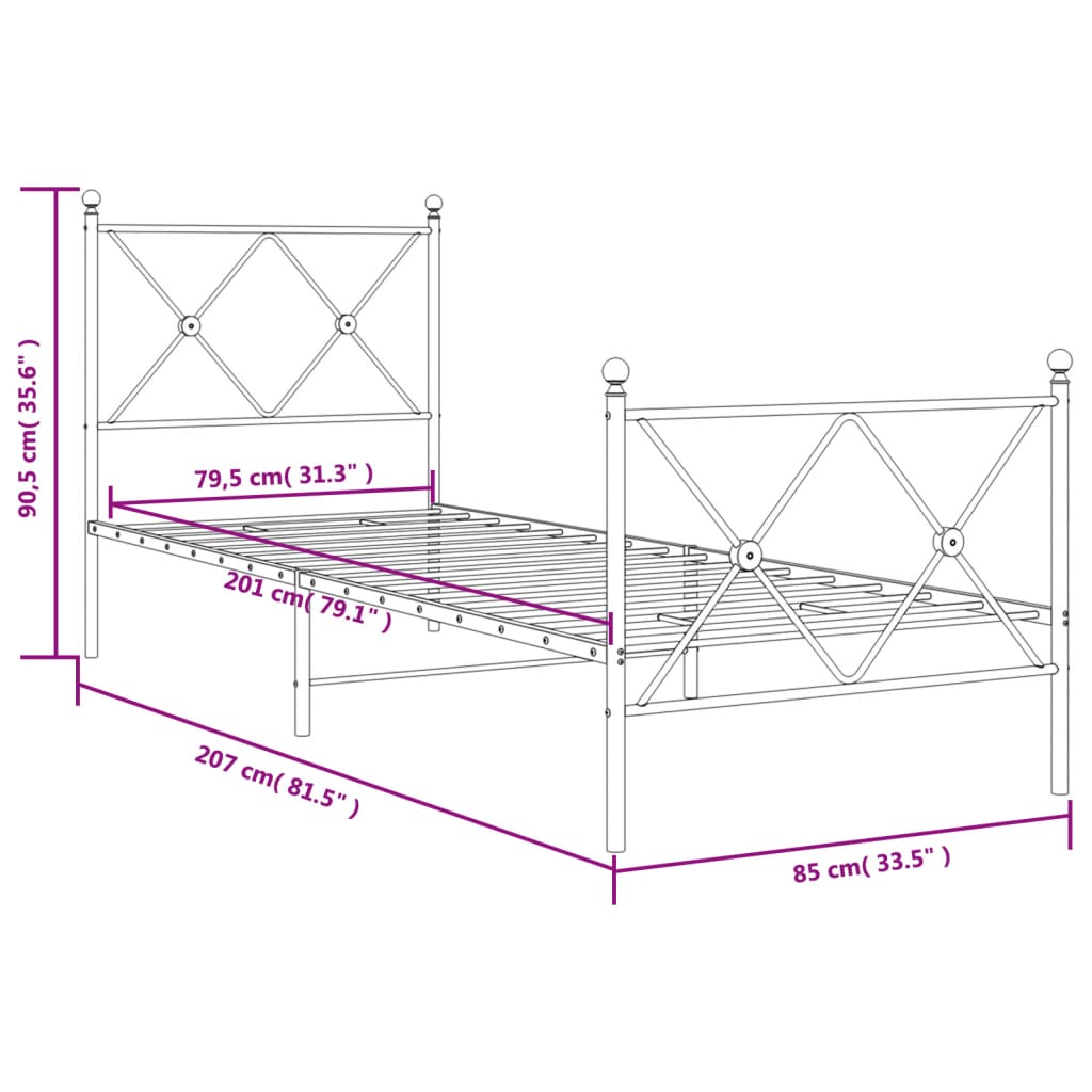 Cadre de lit métal sans matelas avec pied de lit noir 80x200 cm