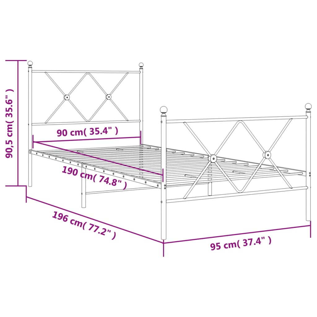 Cadre de lit métal sans matelas avec pied de lit noir 90x190 cm