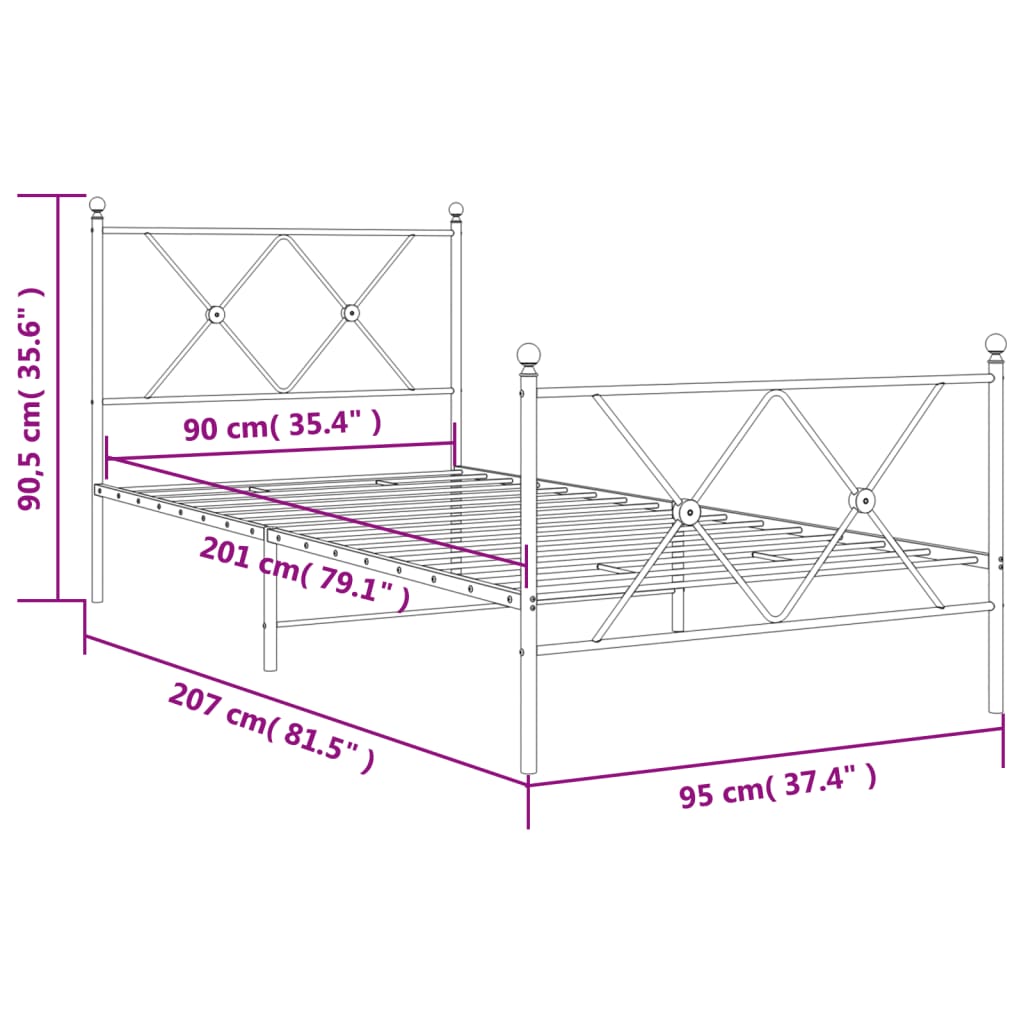 Cadre de lit métal sans matelas avec pied de lit noir 90x200 cm