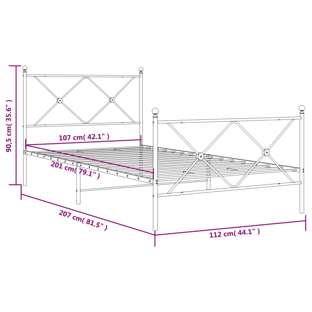 Cadre de lit métal sans matelas avec pied de lit noir 107x203cm