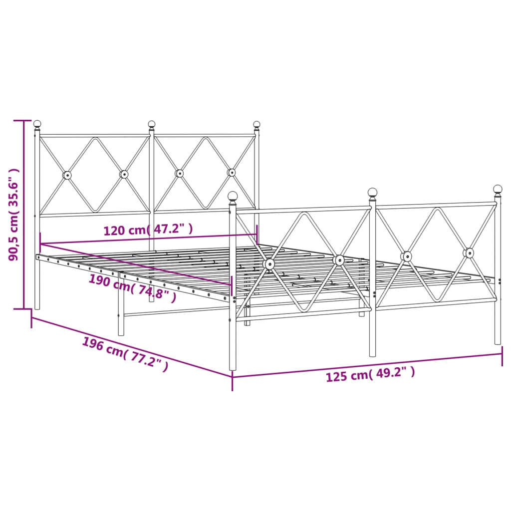 Cadre de lit métal sans matelas avec pied de lit noir 120x190cm