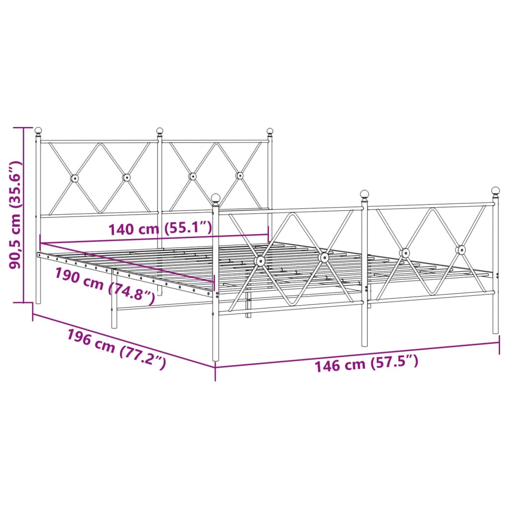 Cadre de lit métal sans matelas avec pied de lit noir 140x190cm