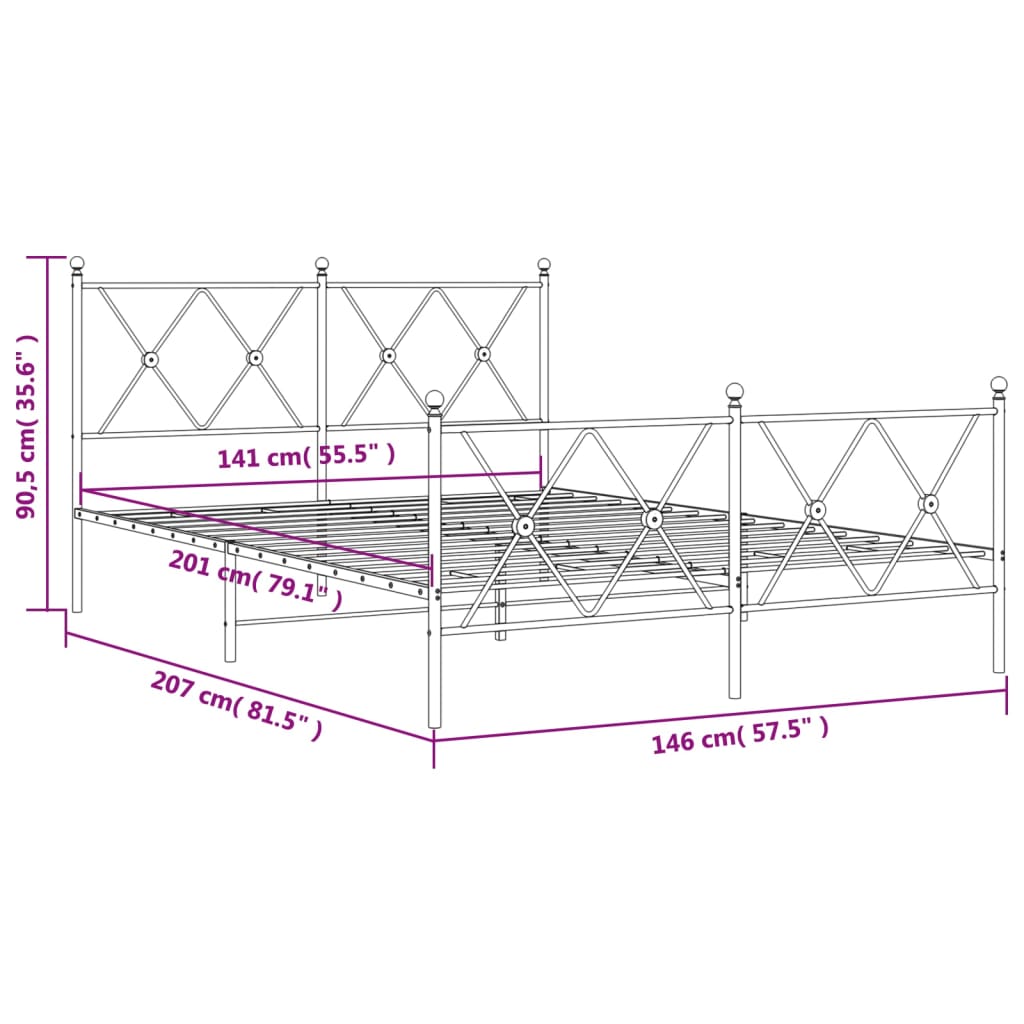 Cadre de lit métal sans matelas avec pied de lit noir 140x200cm