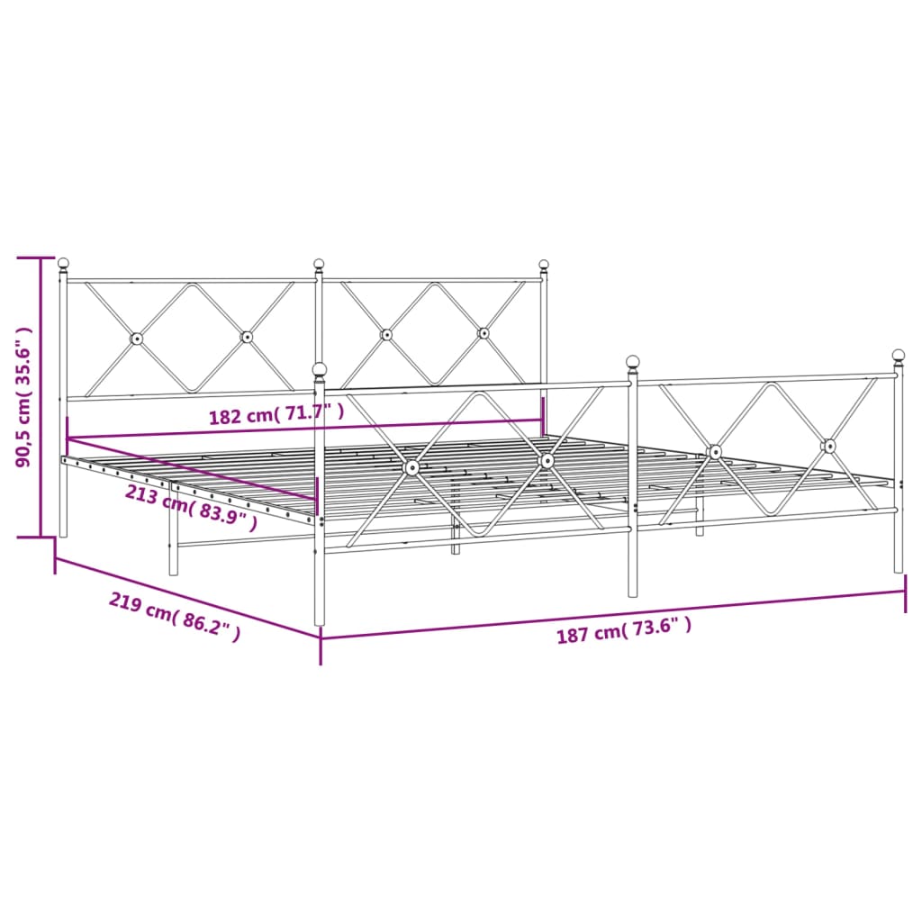 Cadre de lit métal sans matelas avec pied de lit noir 183x213cm