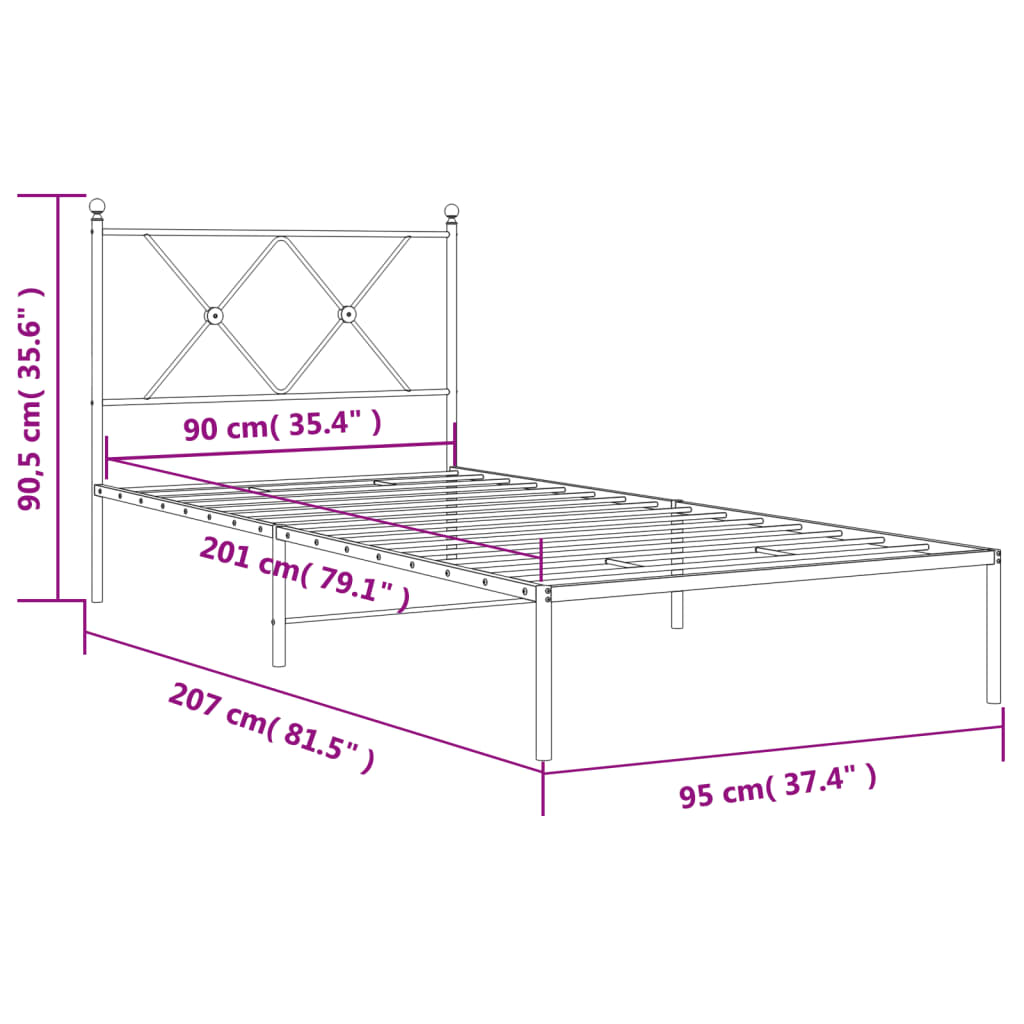 Metallbettgestell ohne Matratze mit weißem Kopfteil 90x200cm