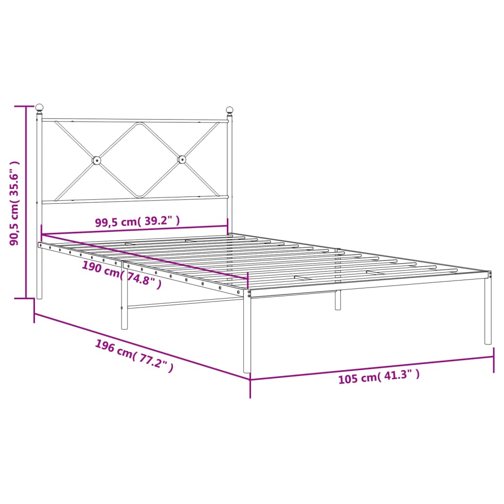 Cadre de lit métal sans matelas et tête de lit blanc 100x190 cm