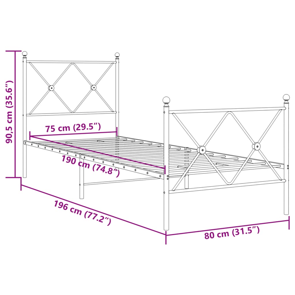 Cadre de lit métal sans matelas avec pied de lit blanc 75x190cm