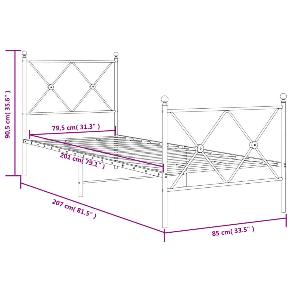 Cadre de lit métal sans matelas avec pied de lit blanc 80x200cm