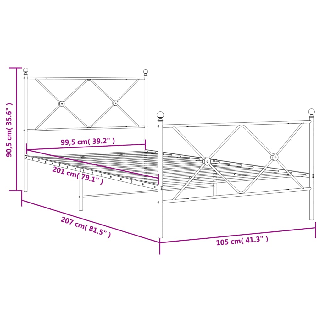 Cadre de lit métal sans matelas et pied de lit blanc 100x200 cm