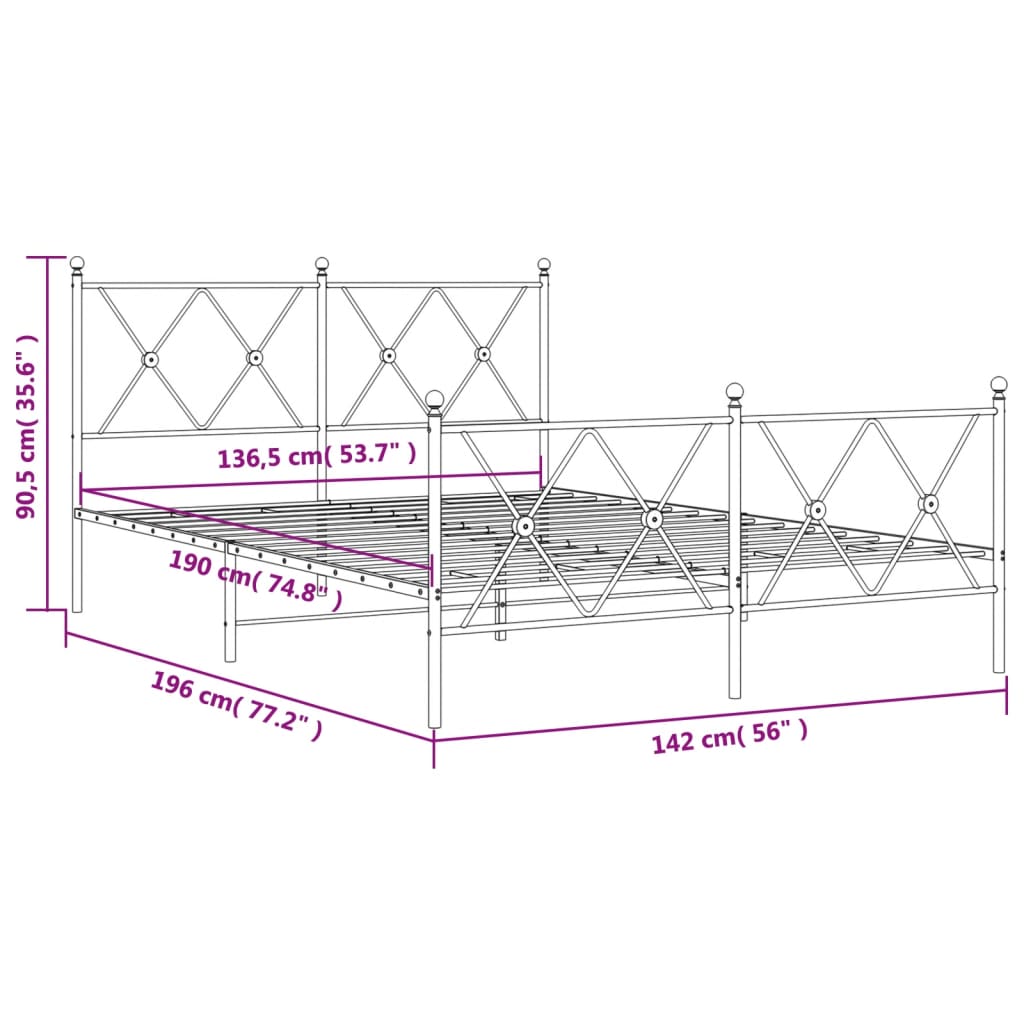 Cadre de lit métal sans matelas et pied de lit blanc 137x190 cm