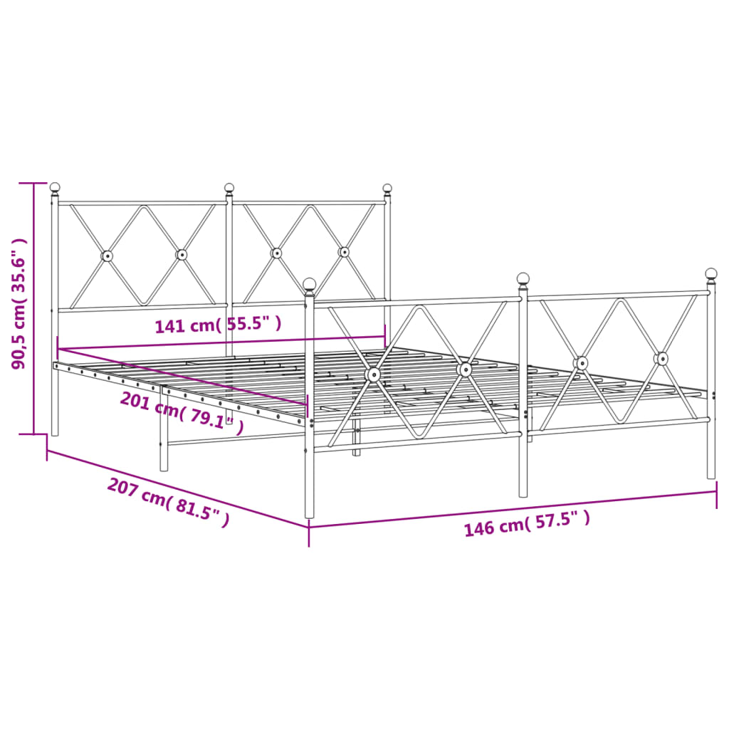 Cadre de lit métal sans matelas et pied de lit blanc 140x200 cm