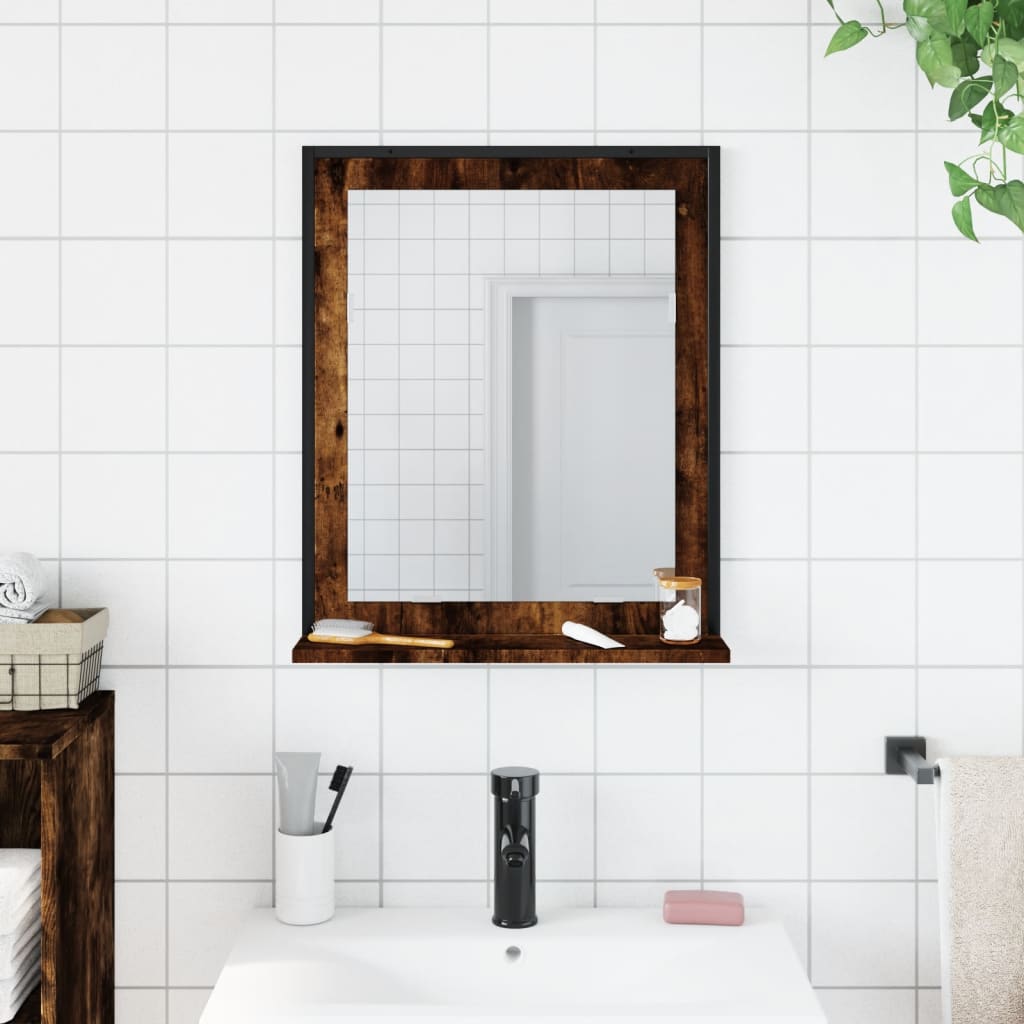 Miroir de salle de bain et étagère chêne fumé bois d’ingénierie