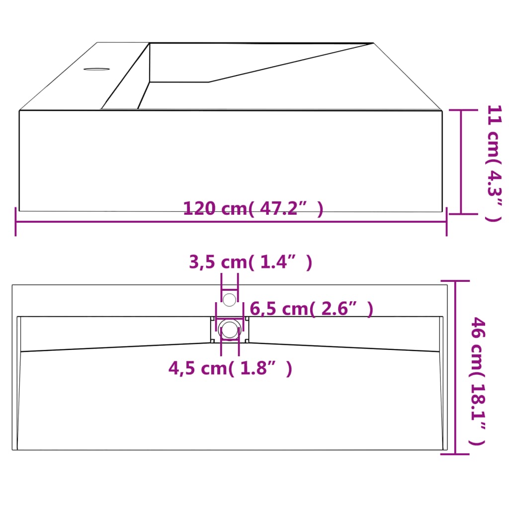 Vasque 120x46x11 cm fonte minérale/marbre anthracite