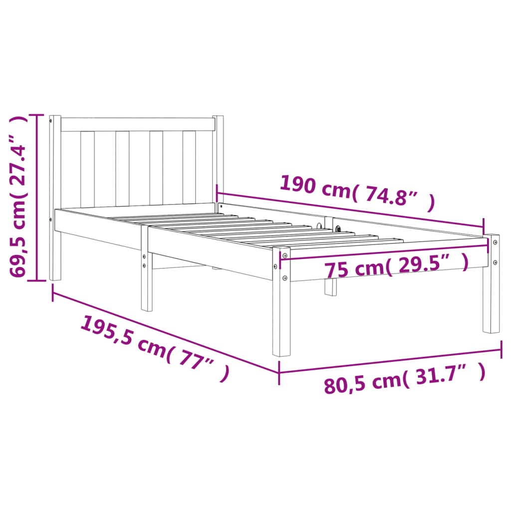 Bed frame without mattress brown wax 75x190 cm solid pine wood