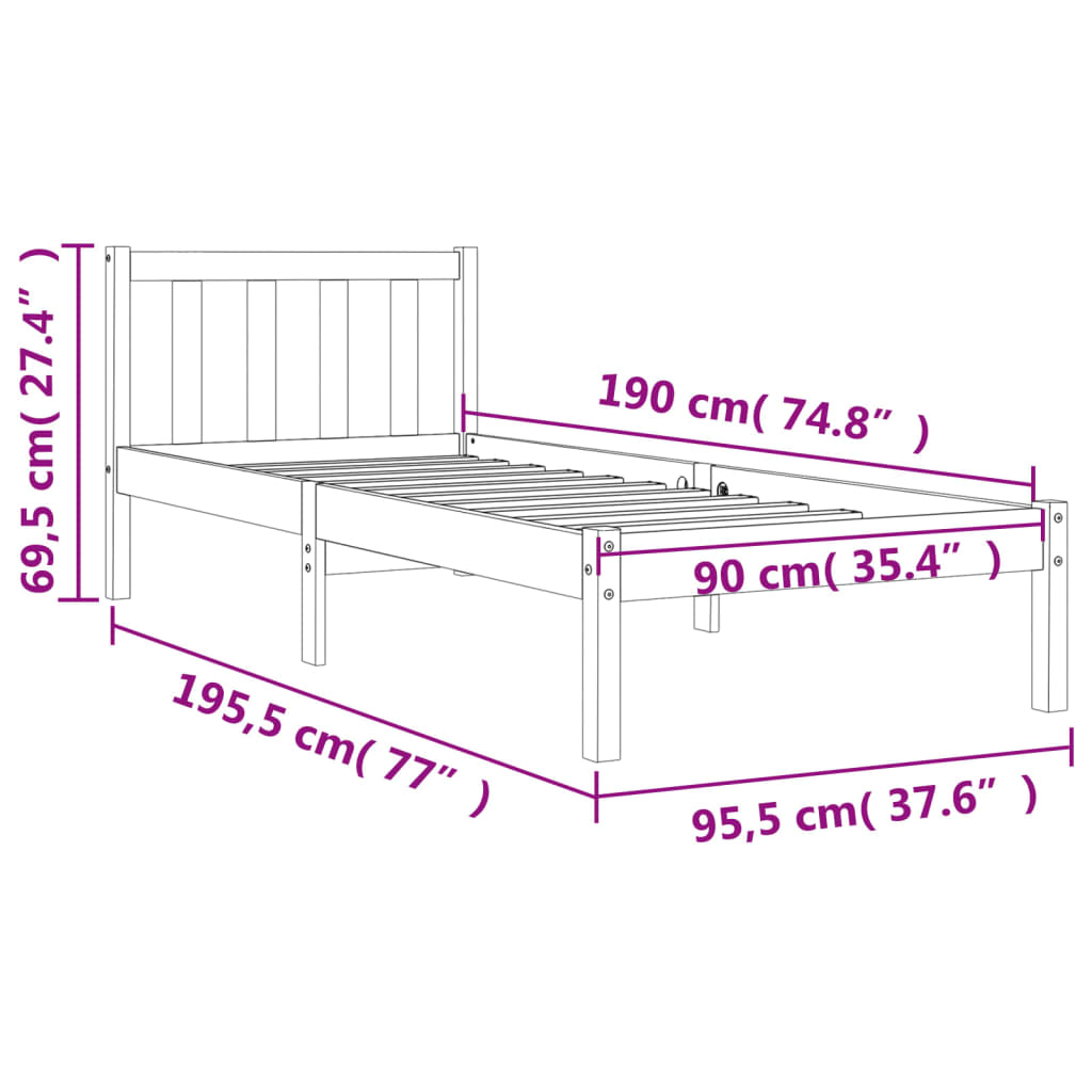 Bettgestell ohne Matratze, braunes Wachs, 90 x 190 cm, massives Kiefernholz