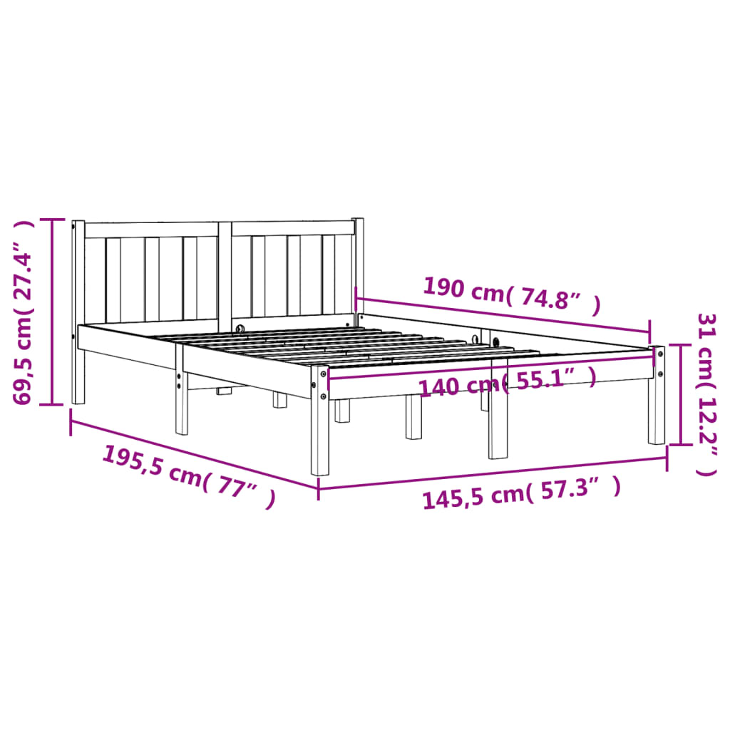 Bed frame without mattress brown wax 140x190cm solid pine wood