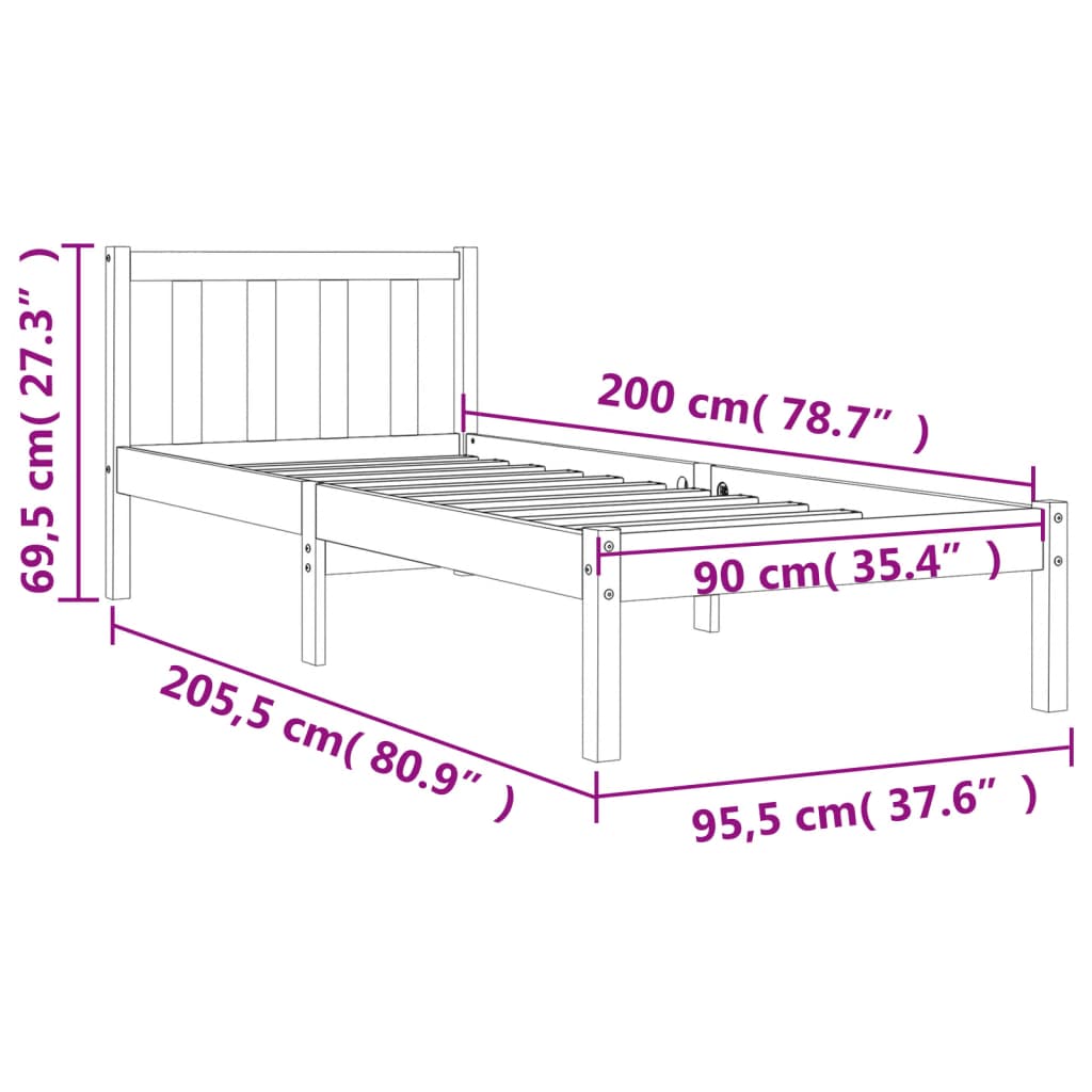 Bettgestell ohne Matratze, braunes Wachs, 90 x 200 cm, massives Kiefernholz