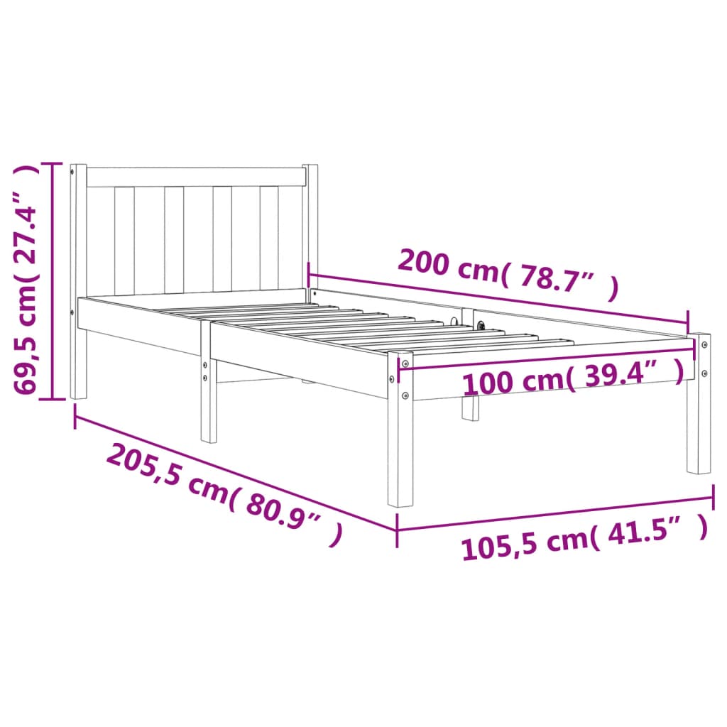 Bed frame without mattress brown wax 100x200cm solid pine wood