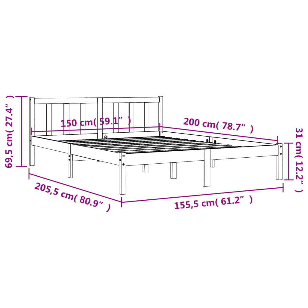 Bed frame without mattress brown wax 150x200cm solid pine wood