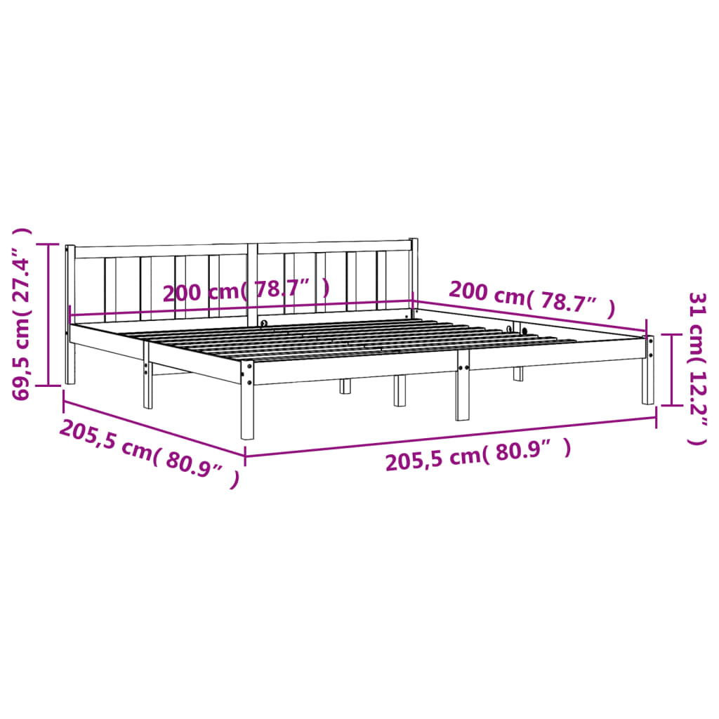 Bed frame without mattress brown wax 200x200cm solid pine wood