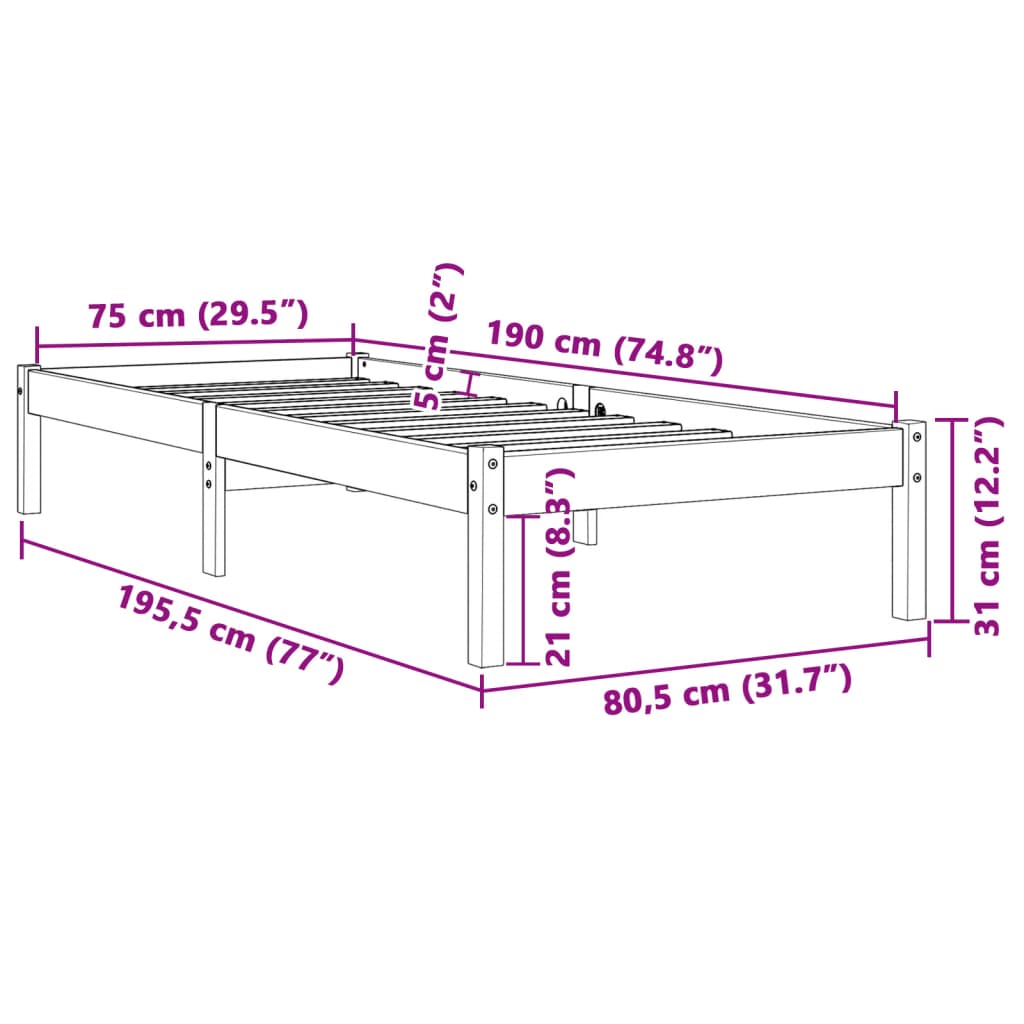 Cadre de lit sans matelas cire marron 75x190 cm bois pin massif