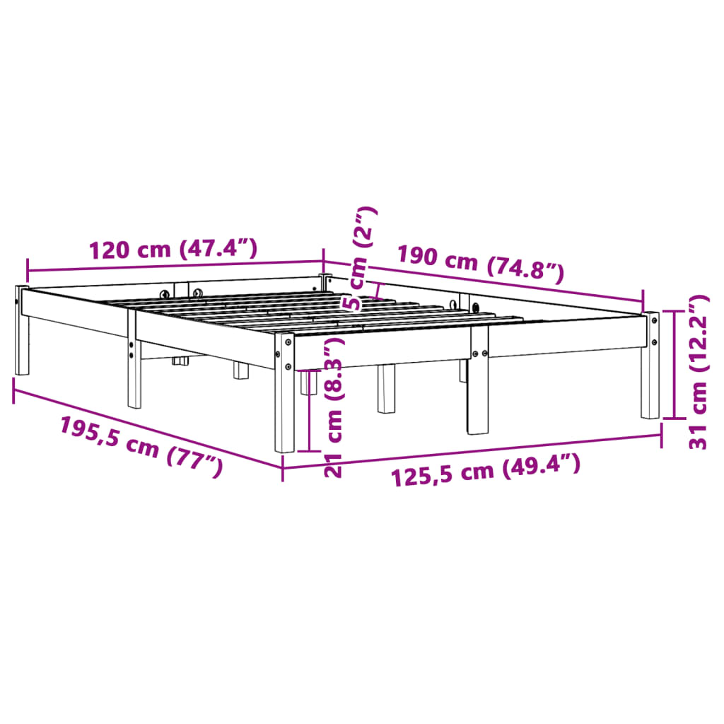 Cadre de lit sans matelas cire marron 120x190cm bois pin massif