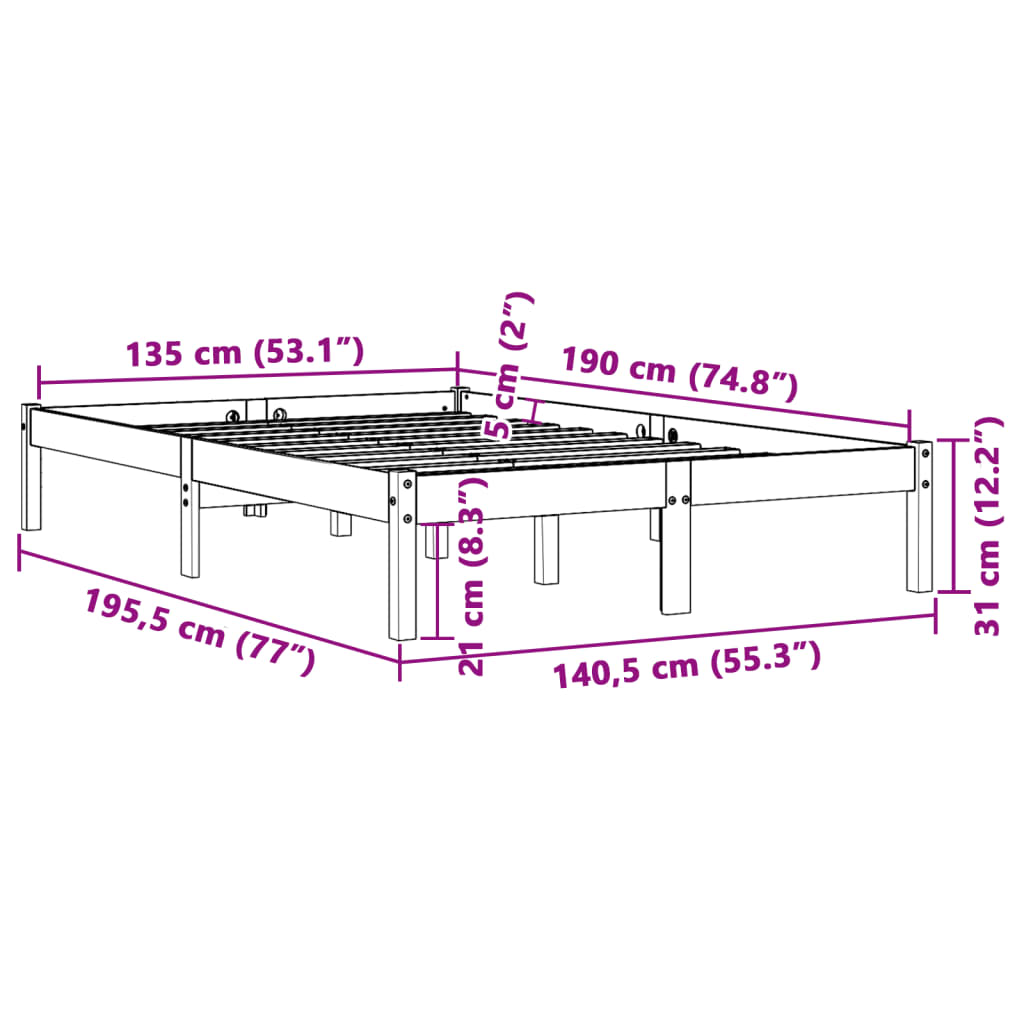 Cadre de lit sans matelas cire marron 135x190cm bois pin massif