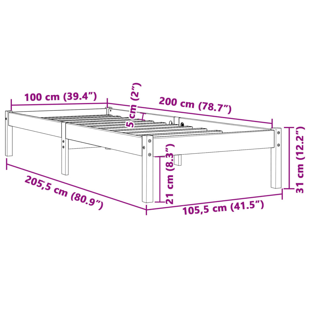 Cadre de lit sans matelas cire marron 100x200cm bois pin massif