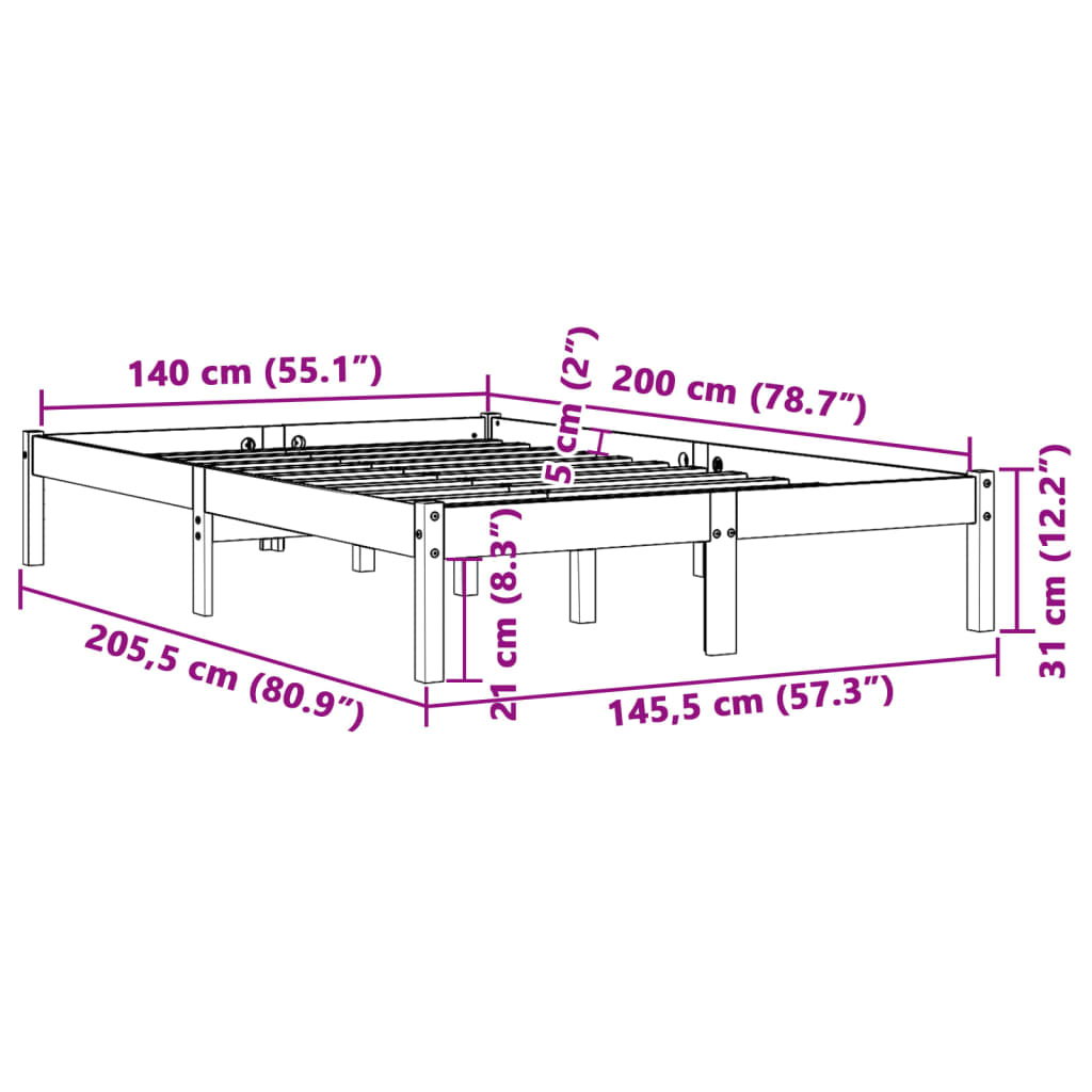 Bed frame without mattress brown wax 140x200cm solid pine wood