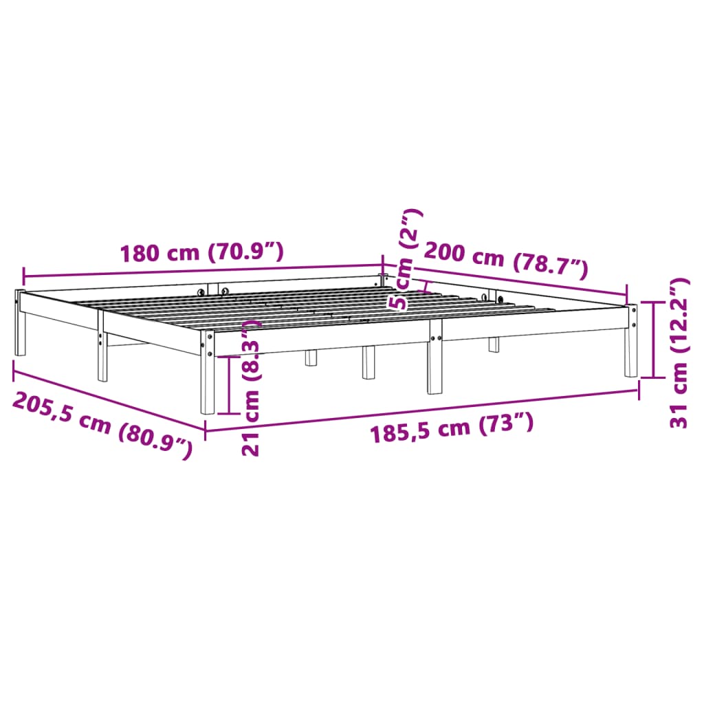 Cadre de lit sans matelas cire marron 180x200cm bois pin massif