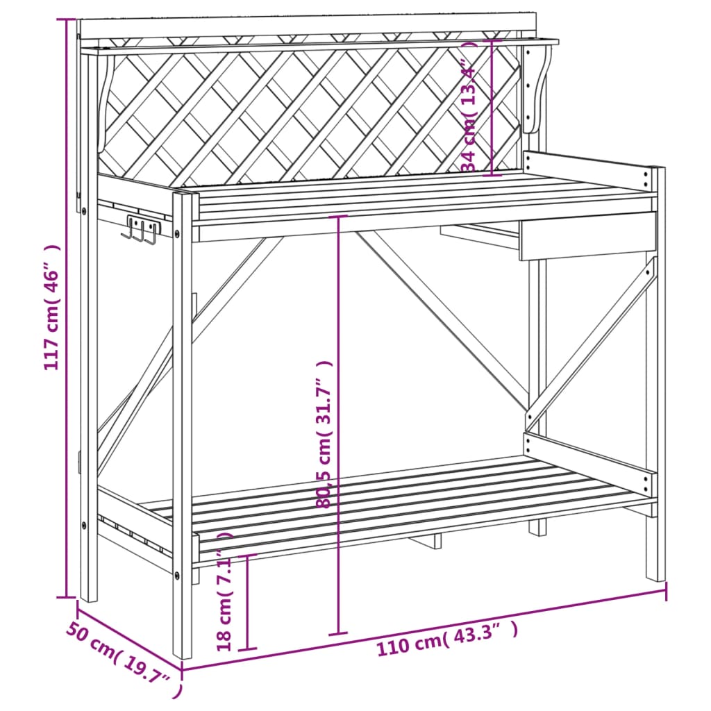 Potting bench with trellis solid fir wood