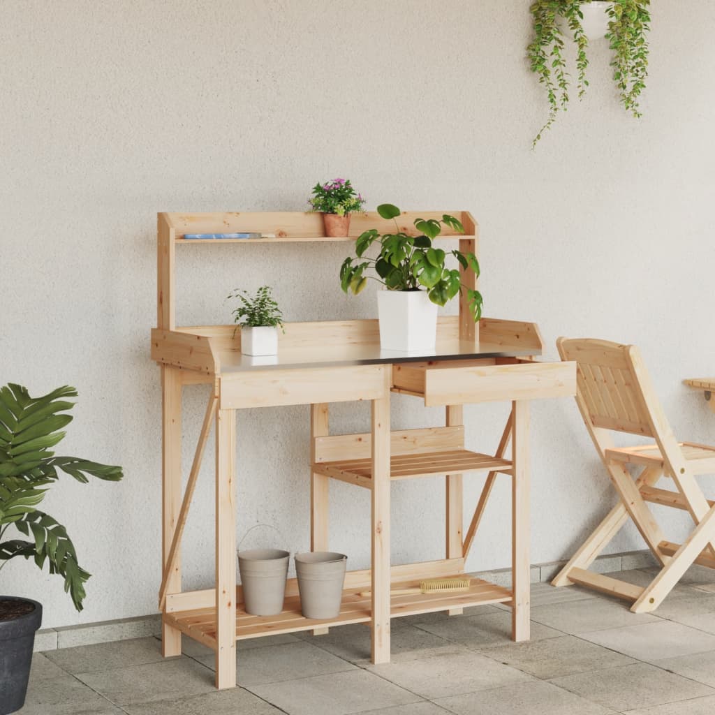 Banc de rempotage avec étagères bois massif de sapin