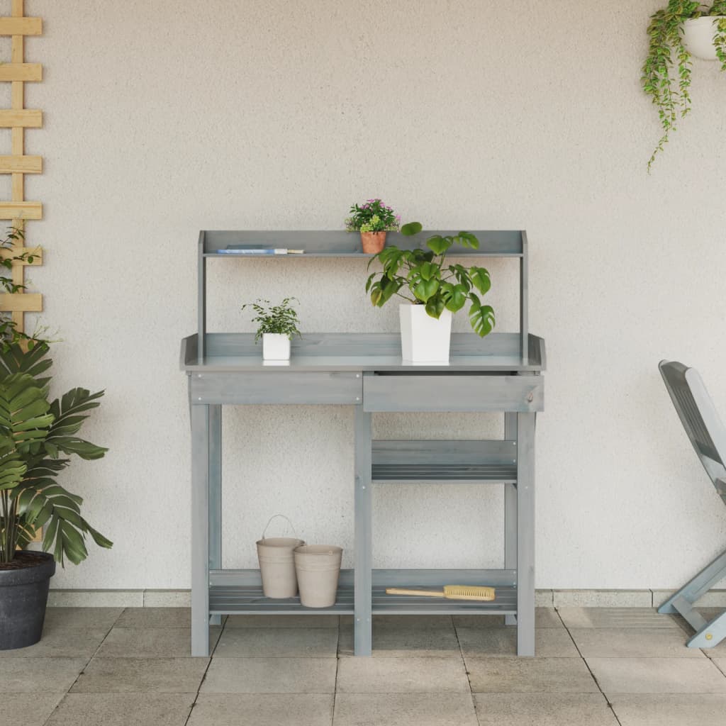 Banc de rempotage avec étagères gris bois massif de sapin