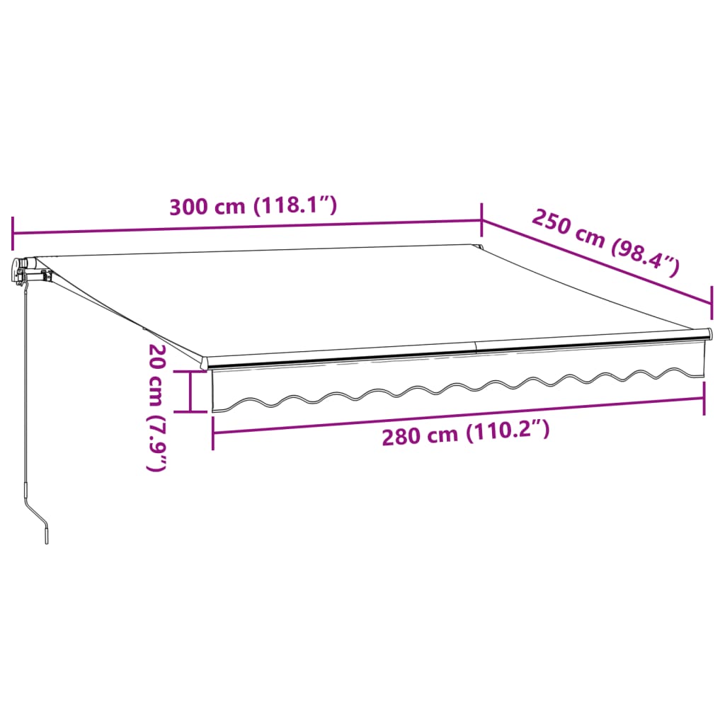 Manual retractable awning with LED burgundy 300x250 cm