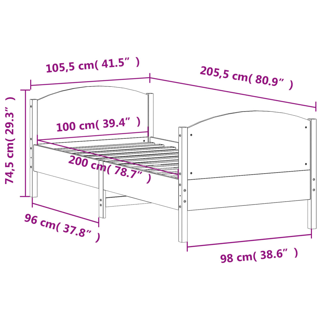 Bettgestell ohne Matratze 100x200 cm aus massivem Kiefernholz