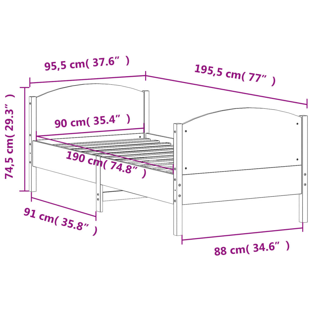 Bettgestell ohne Matratze 90x190 cm aus massivem Kiefernholz