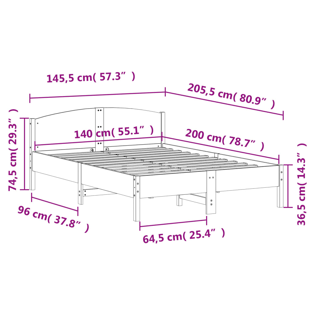 Bettgestell ohne Matratze 140x200 cm aus massivem Kiefernholz