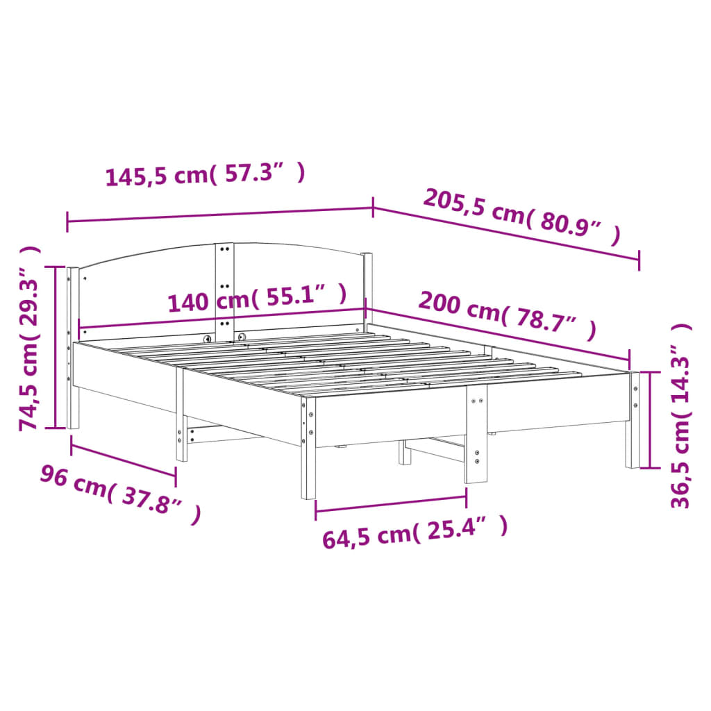 Bed frame without mattress brown wax 140x200cm solid pine wood