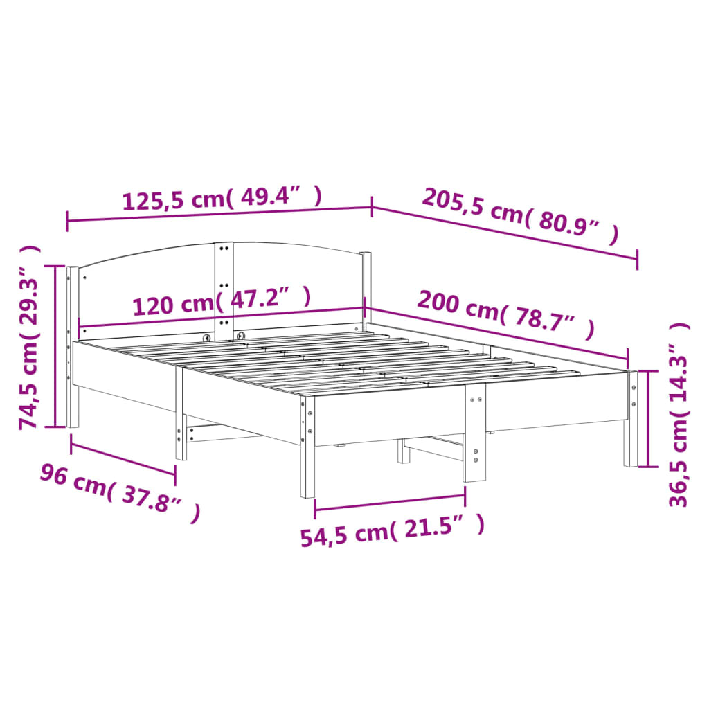 Bed frame without mattress 120x200 cm solid pine wood