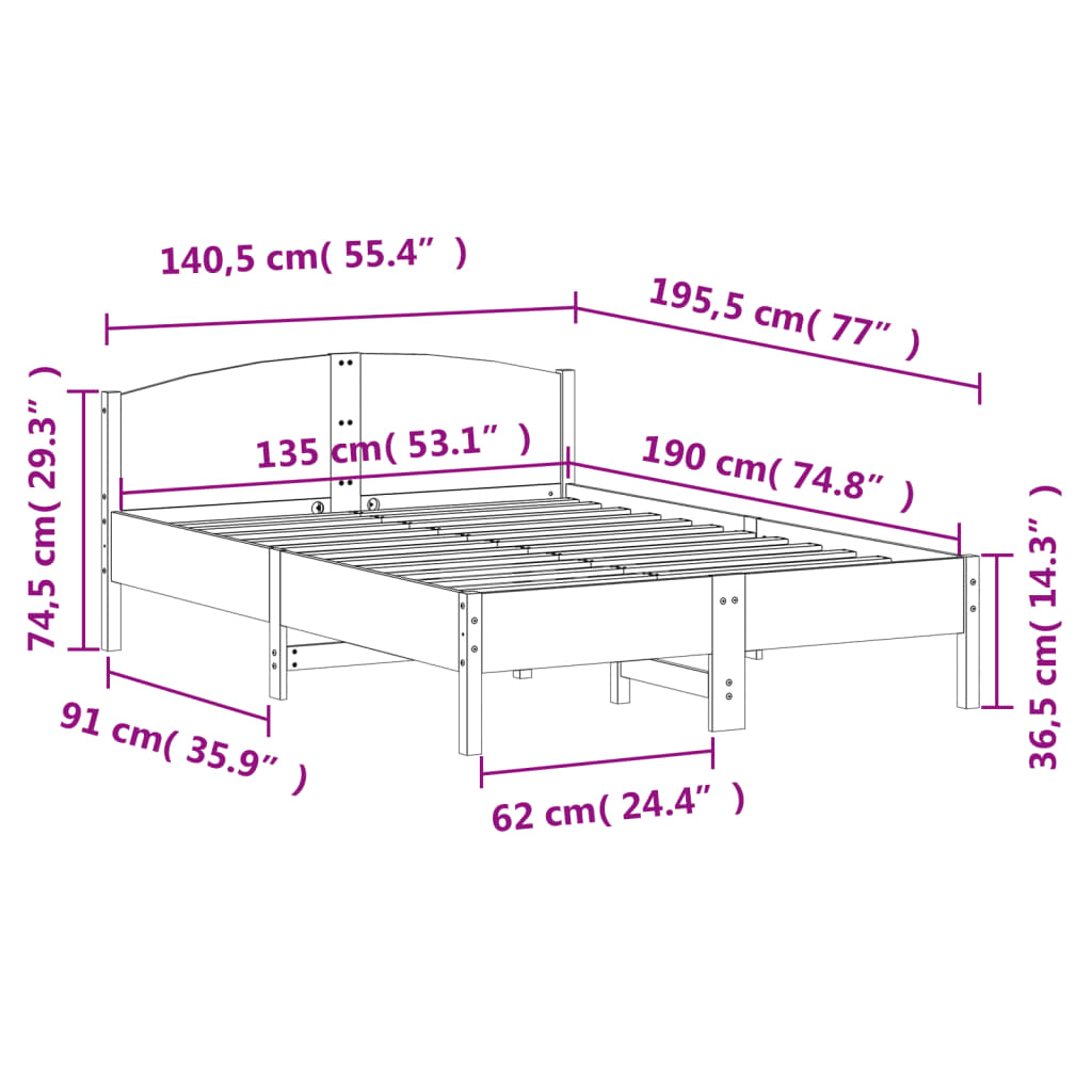 Bed frame without mattress 135x190 cm solid pine wood