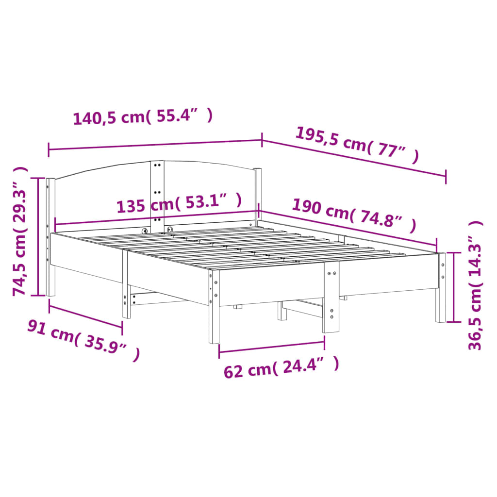 Bed frame without mattress white 135x190 cm solid pine wood