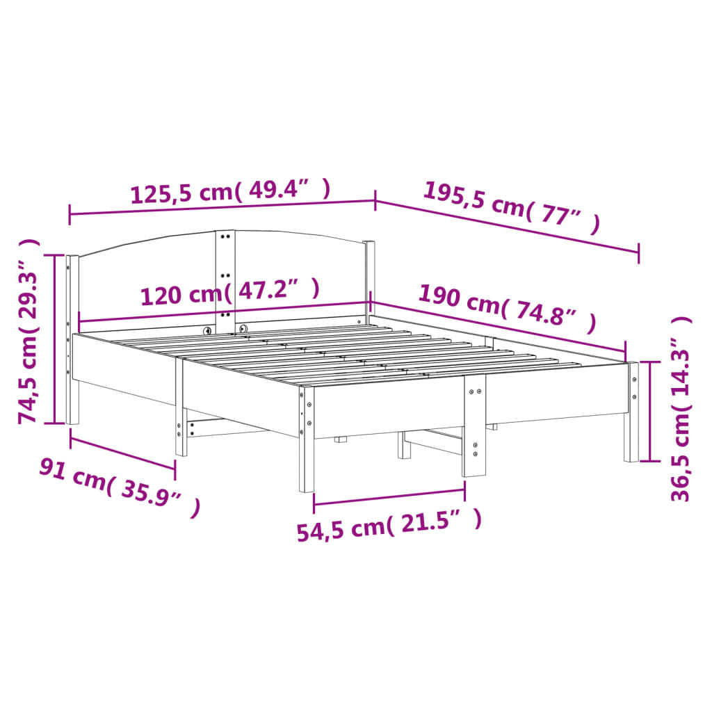 Bettgestell ohne Matratze, braunes Wachs, 120 x 190 cm, massives Kiefernholz