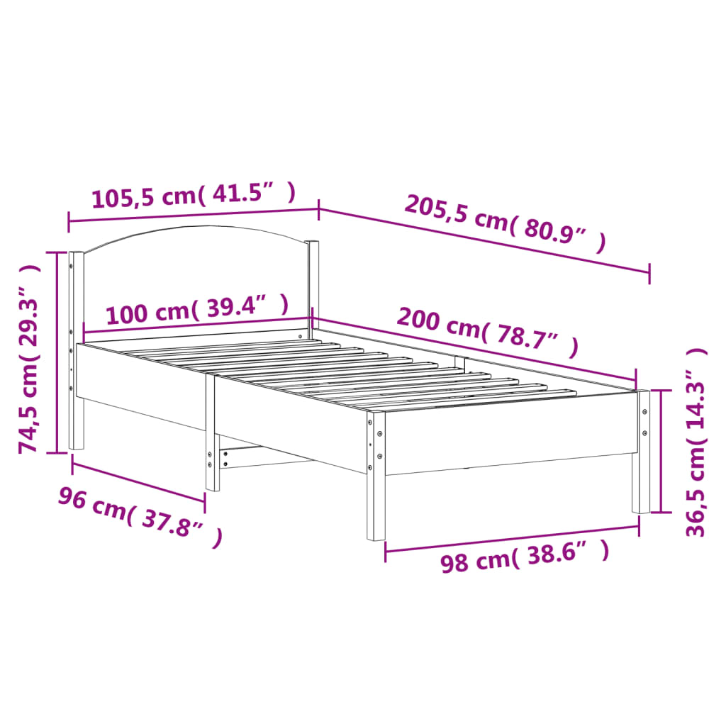 Bettgestell ohne Matratze 100x200 cm aus massivem Kiefernholz